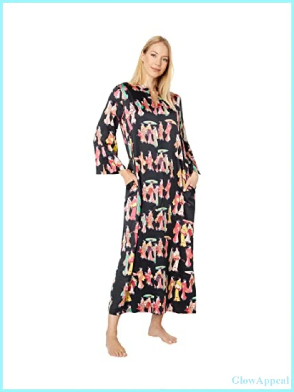 Natori Satin Caftan Animal Print Mandarin Neckline